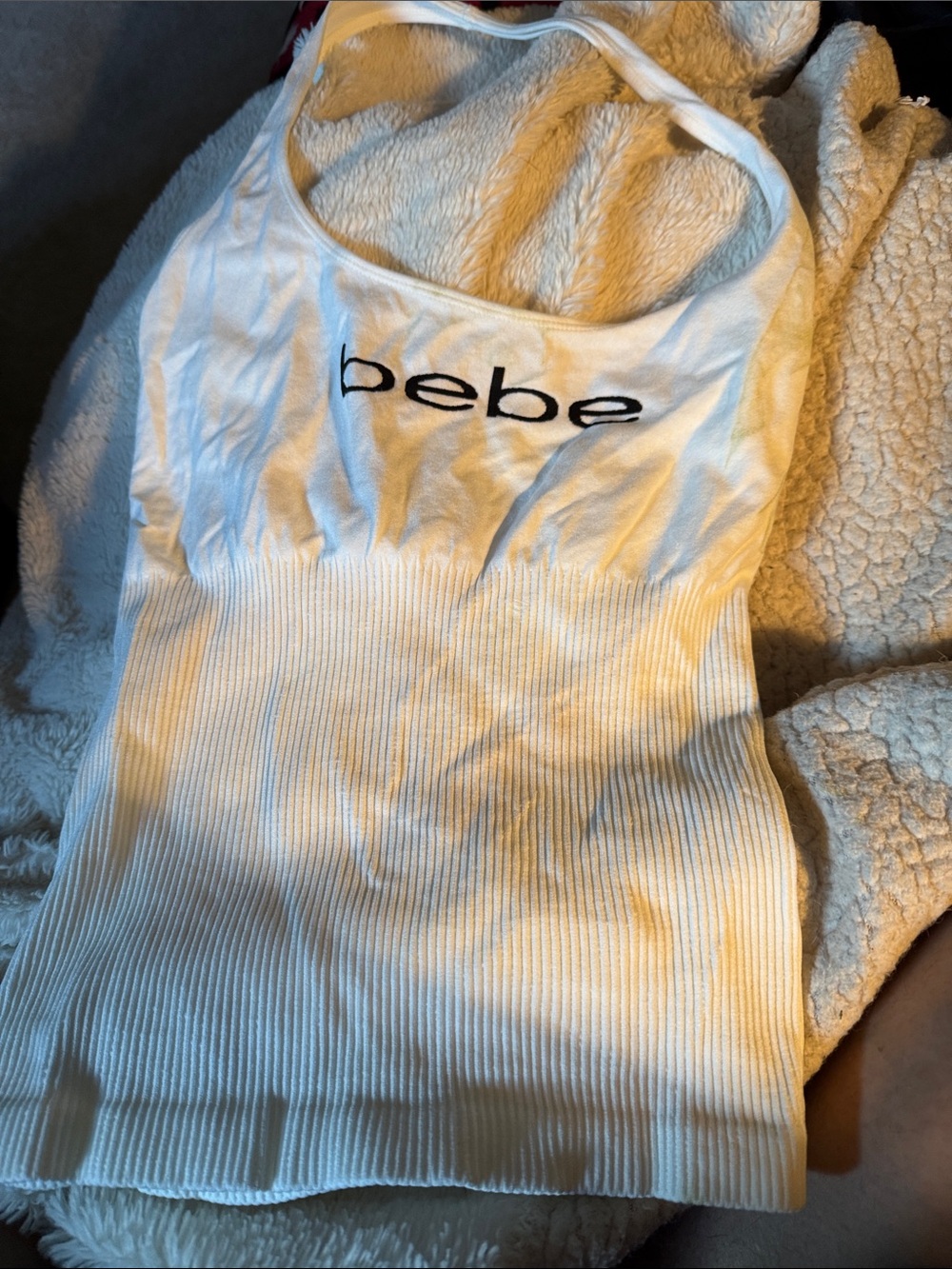 bebe White Ribbed Logo Bandeau Tank